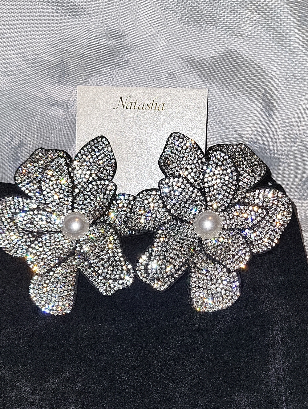 Natasha Crystal Huge Flower Statement Earrings with Pearl Centers - Silver Black
